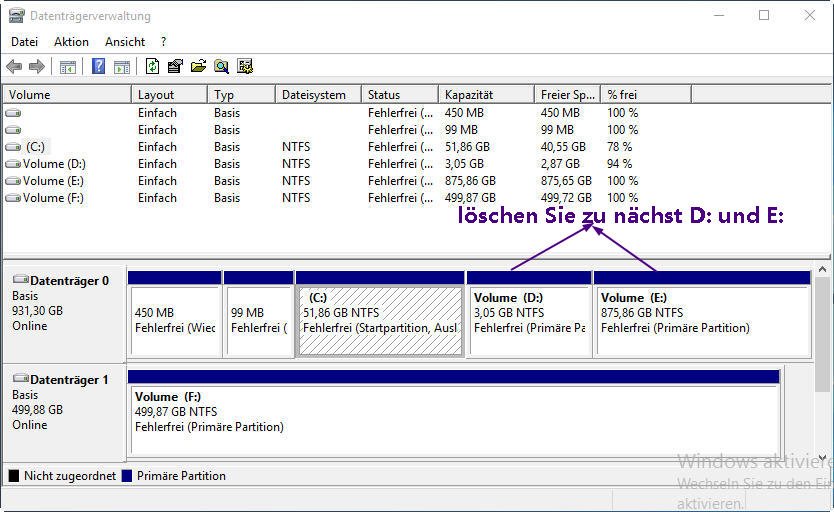löschen Sie D: und E:
