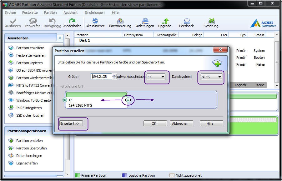 Parameter der neuen Partition