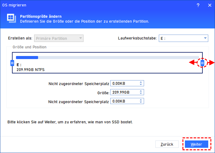 Partitionsgröße ändern und weiter