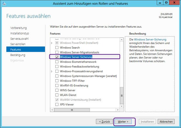 Windows Server-Sicherung installieren